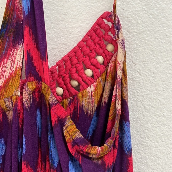 Mossimo Rayon Crochet, Wood Bead Colorful Zig Zag Halter Maxi Dress, Size Medium - Picture 9 of 13